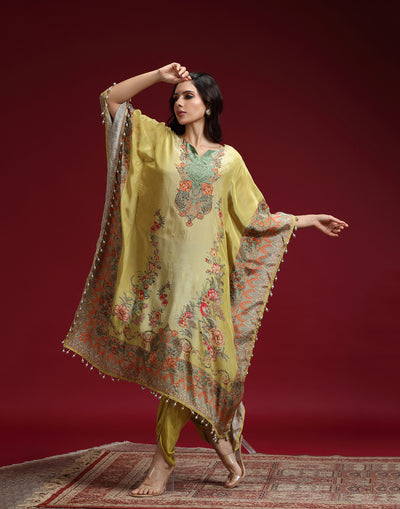 Parakeet Green Floral Printed Silk Kaftan Set