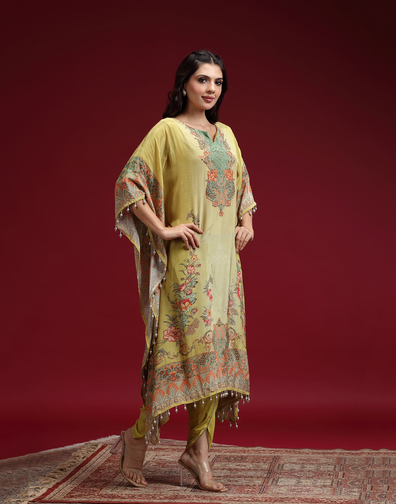 Parakeet Green Floral Printed Silk Kaftan Set