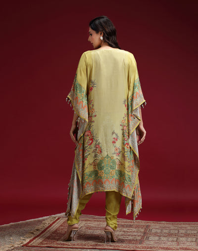 Parakeet Green Floral Printed Silk Kaftan Set