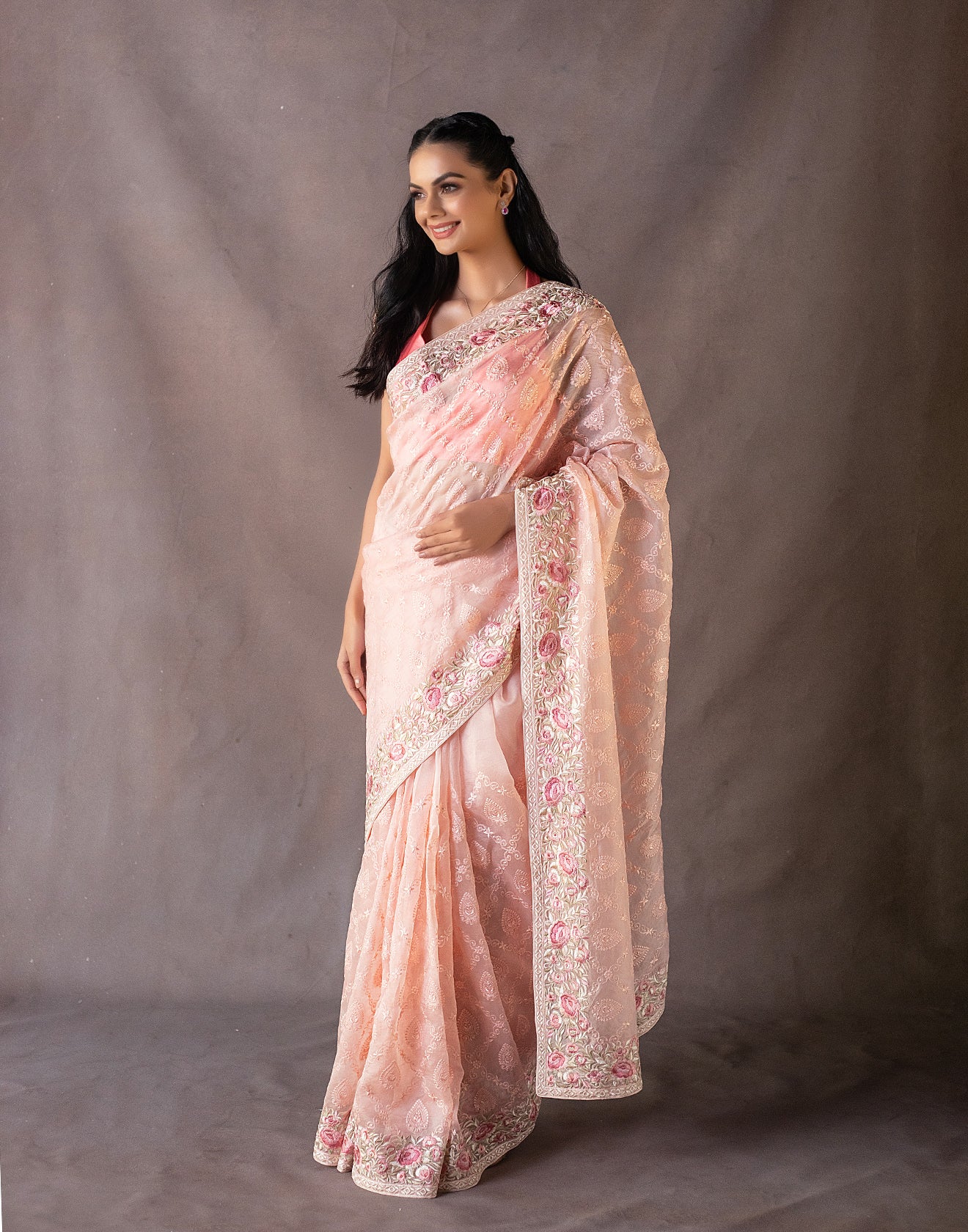 Peach Pink Floral Embroidered Saree