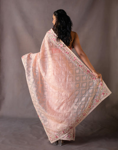 Peach Pink Floral Embroidered Saree