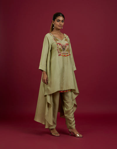 Pear Green Embroidered High-Low Hem Festive Co-Ord Kurta Set