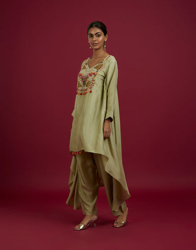 Pear Green Embroidered High-Low Hem Festive Co-Ord Kurta Set