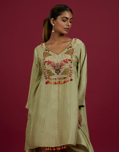 Pear Green Embroidered High-Low Hem Festive Co-Ord Kurta Set