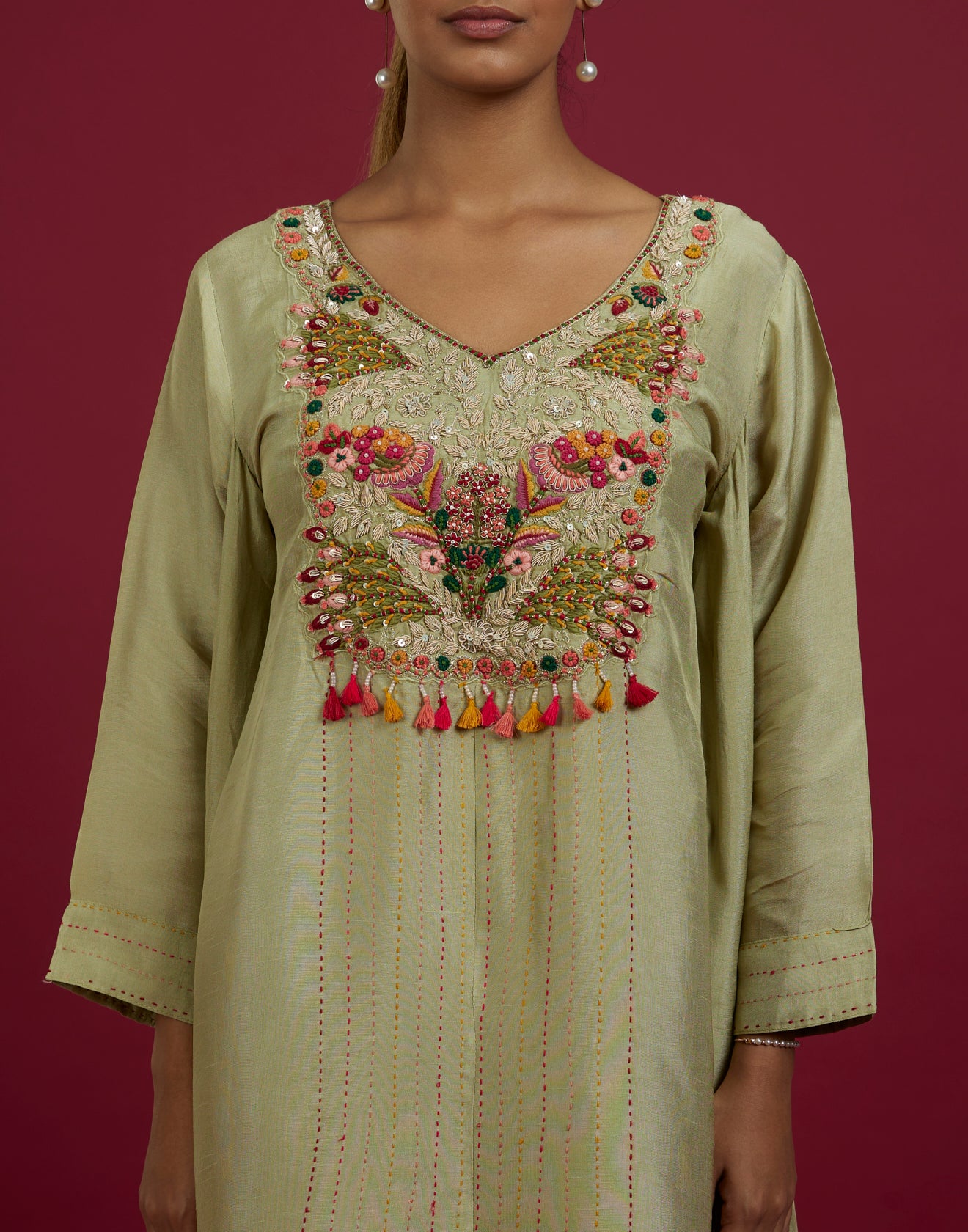 Pear Green Embroidered High-Low Hem Festive Co-Ord Kurta Set