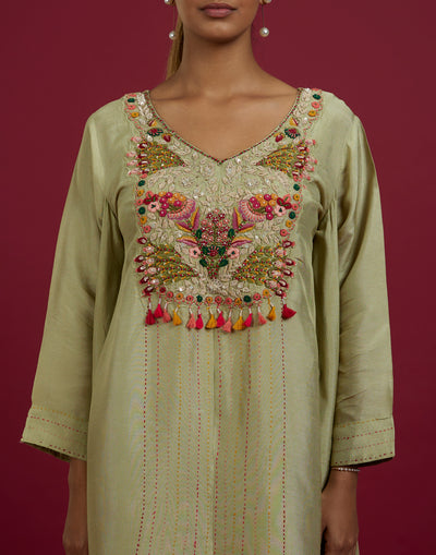 Pear Green Embroidered High-Low Hem Festive Co-Ord Kurta Set