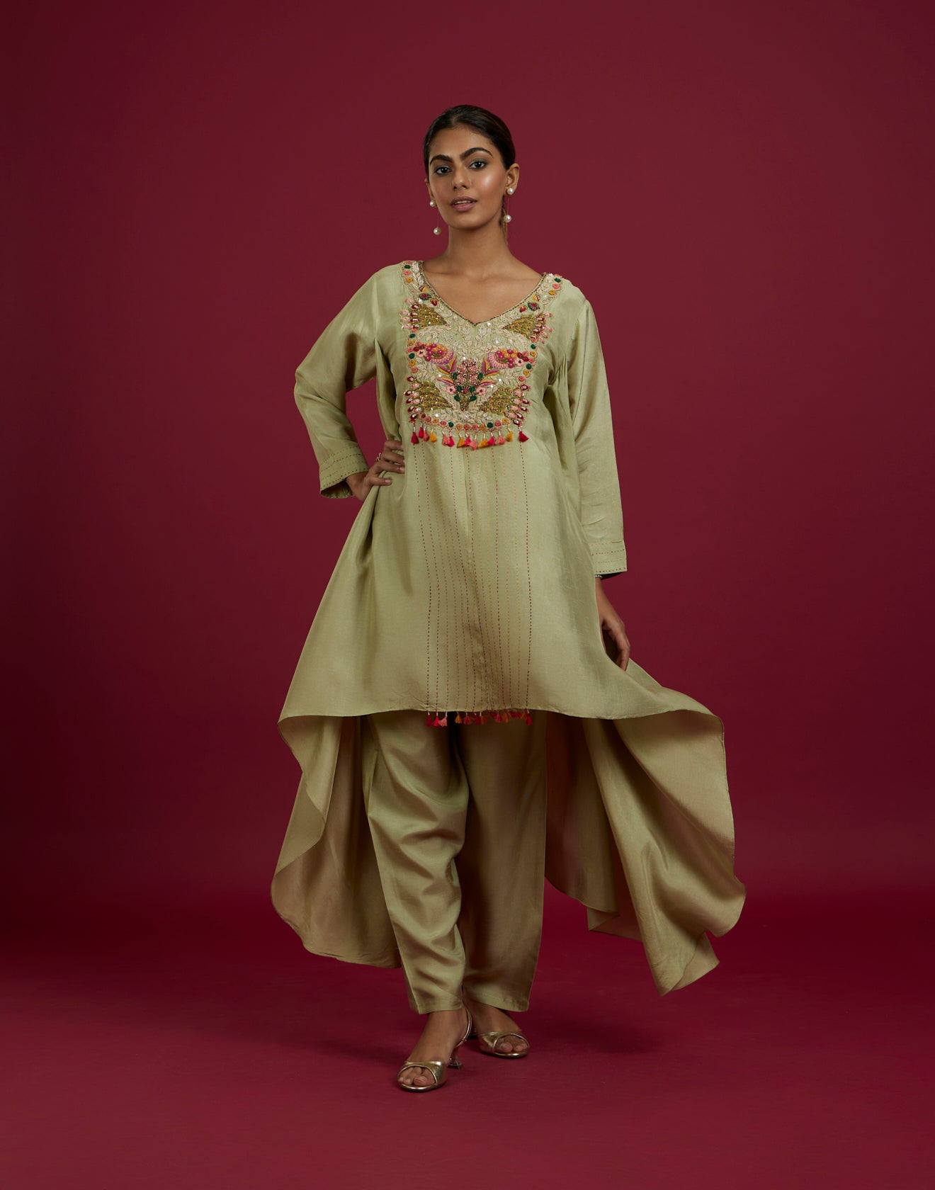 Pear Green Embroidered High-Low Hem Festive Co-Ord Kurta Set