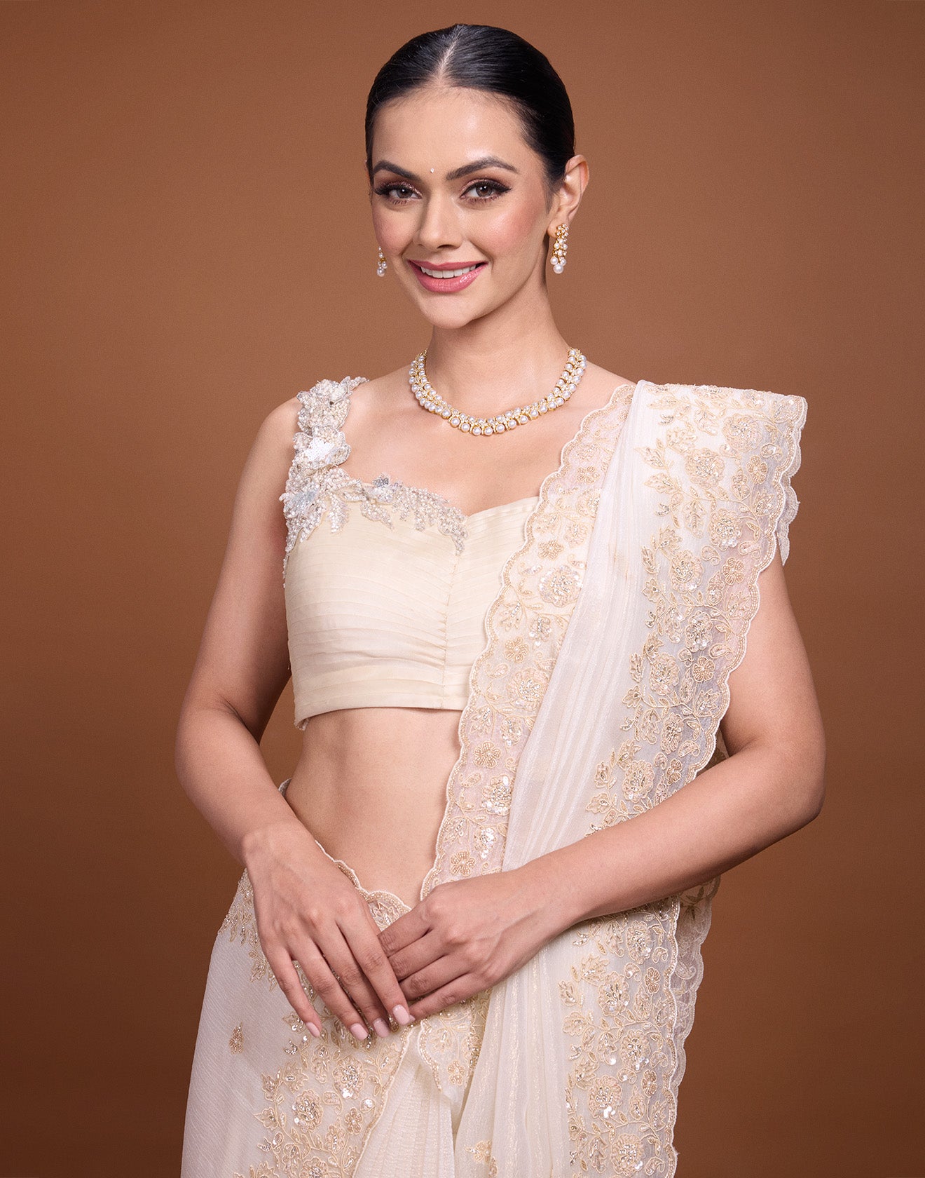 Pearl Beige Crushed Shimmer Tissue Silk Saree