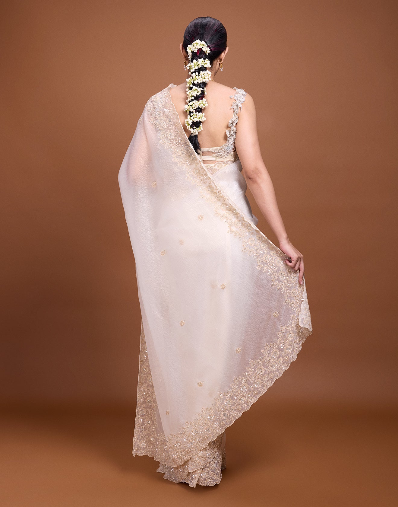 Pearl Beige Crushed Shimmer Tissue Silk Saree