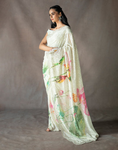 Pearl Hand Painted Embroidered Saree