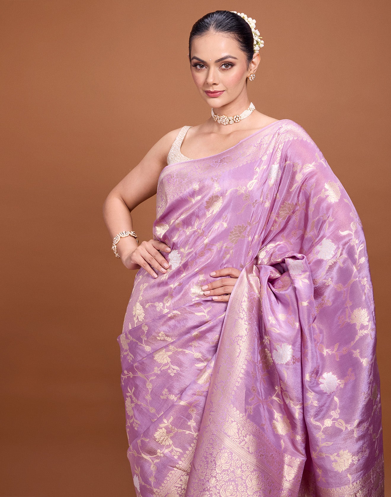 Pearl Lavender Zari Floral Jaal Silk Saree