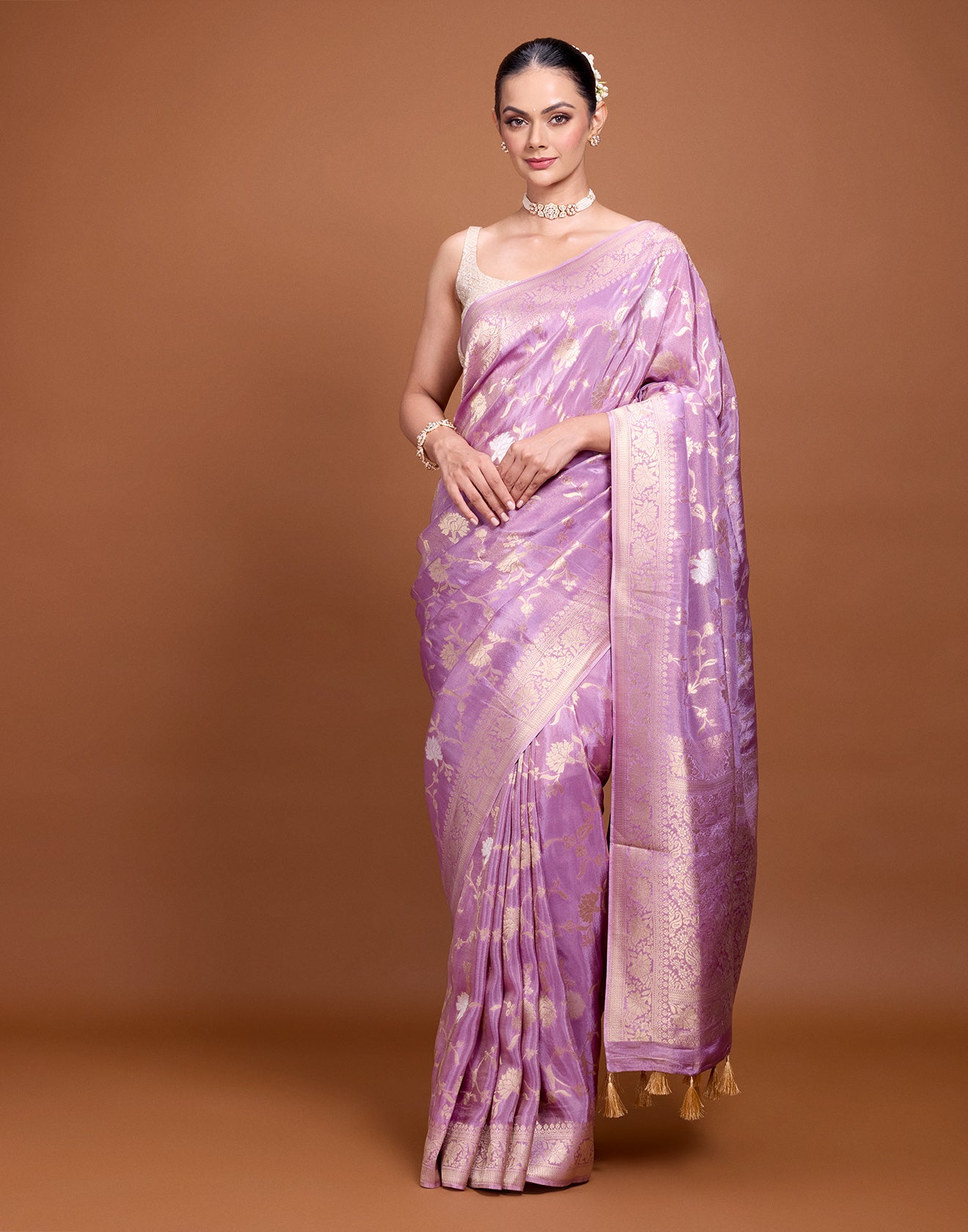 Pearl Lavender Zari Floral Jaal Silk Saree