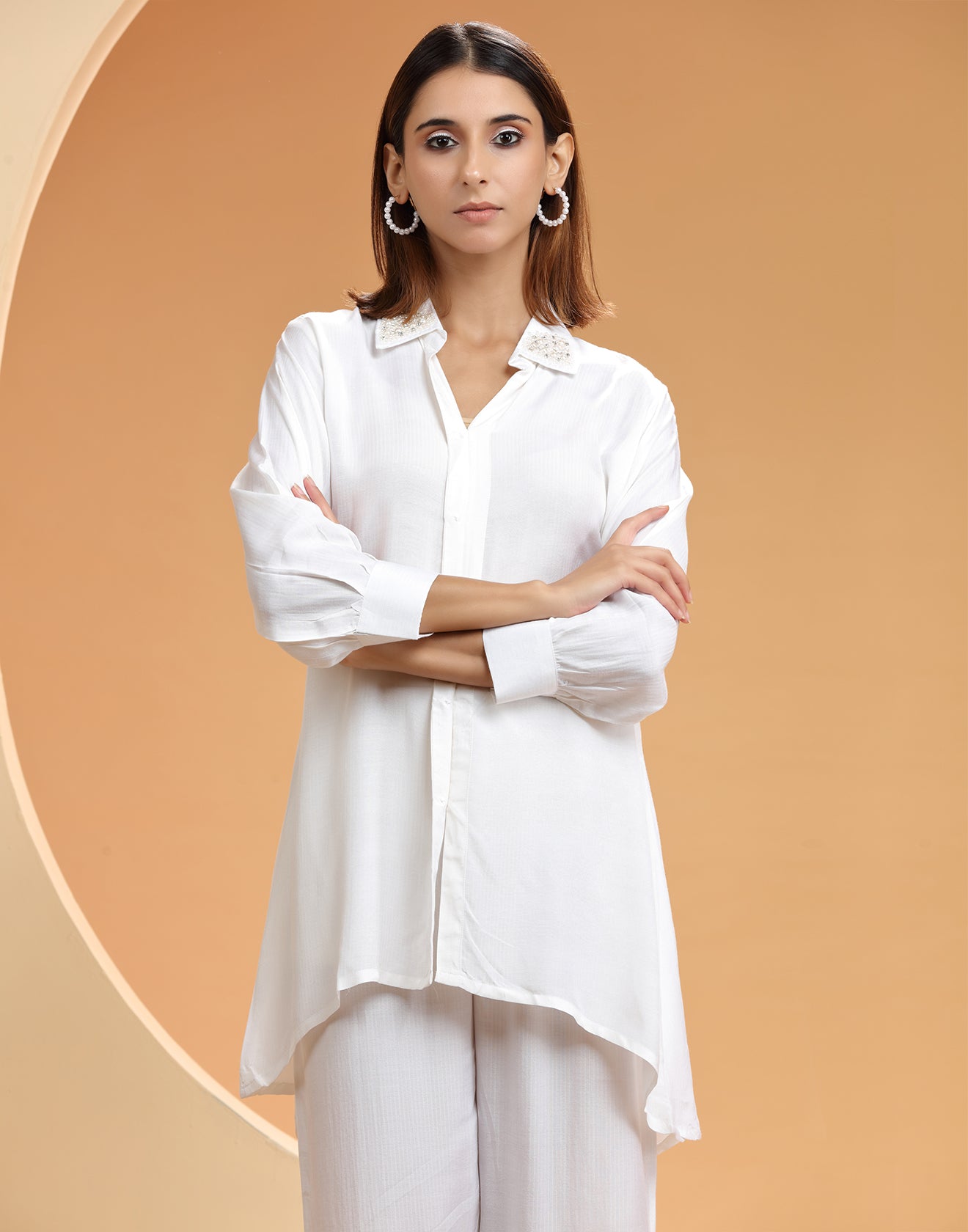 Pearl White Embellished Shirt And Pant Set