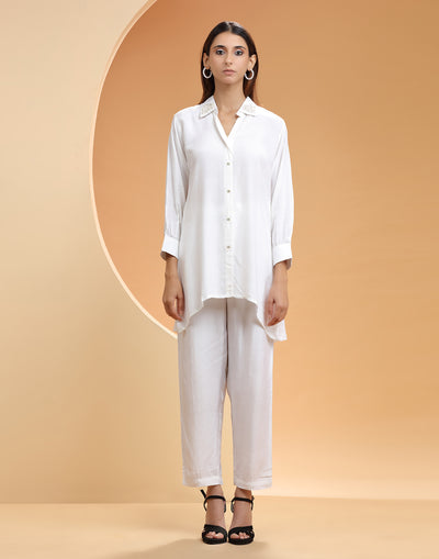 Pearl White Embellished Shirt And Pant Set