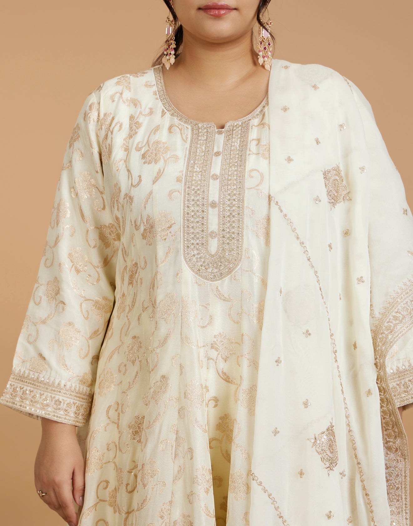 Buy Pearl White Jaal Design Brocade Silk Salwar Suit online