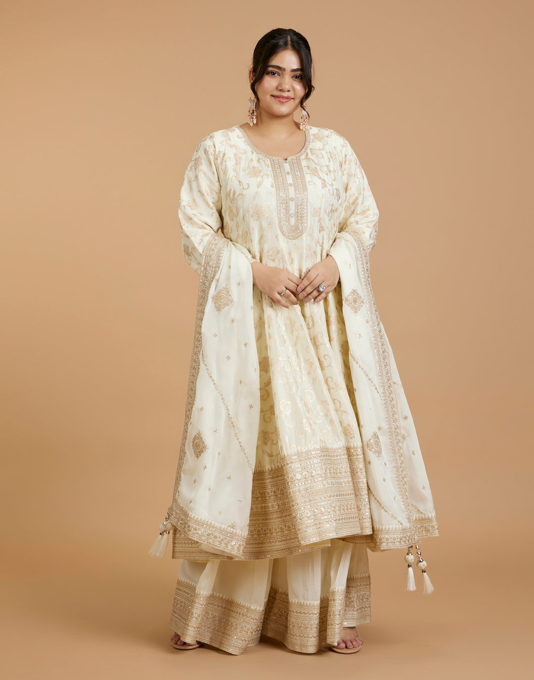 Get the Pearl white jaal design brocade silk salwar suit – Roopkala