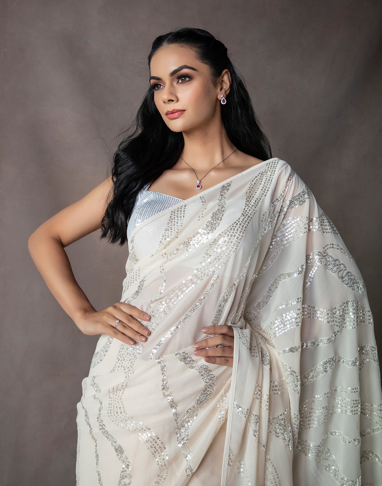 Pearl White Sequin Embellished Saree