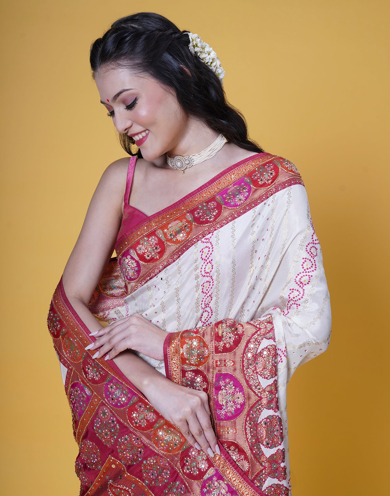 Pearl White With Contrast Red And Pink Bandhej Embellished Silk Saree