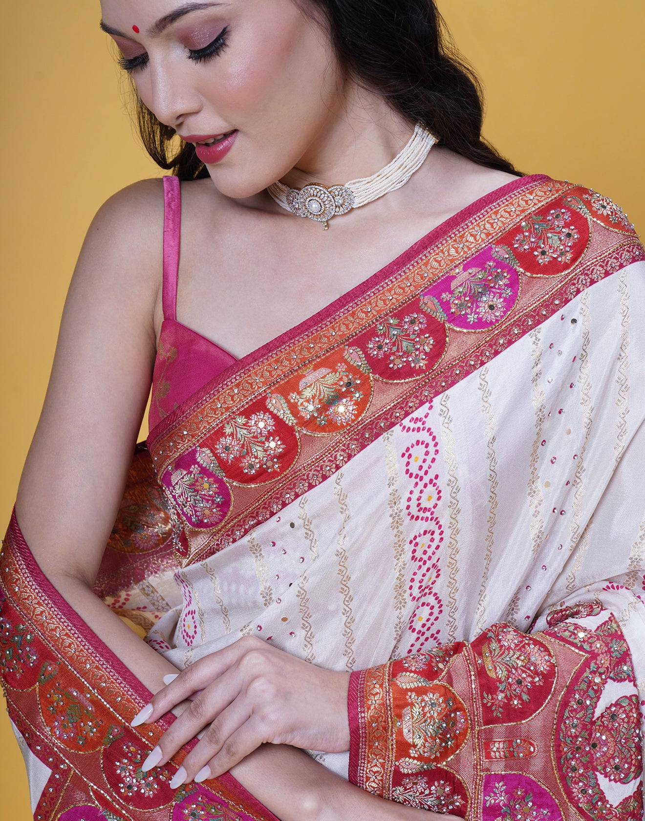 Pearl White With Contrast Red And Pink Bandhej Embellished Silk Saree