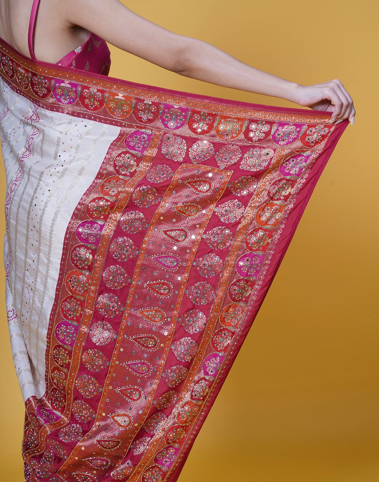 Pearl White With Contrast Red And Pink Bandhej Embellished Silk Saree