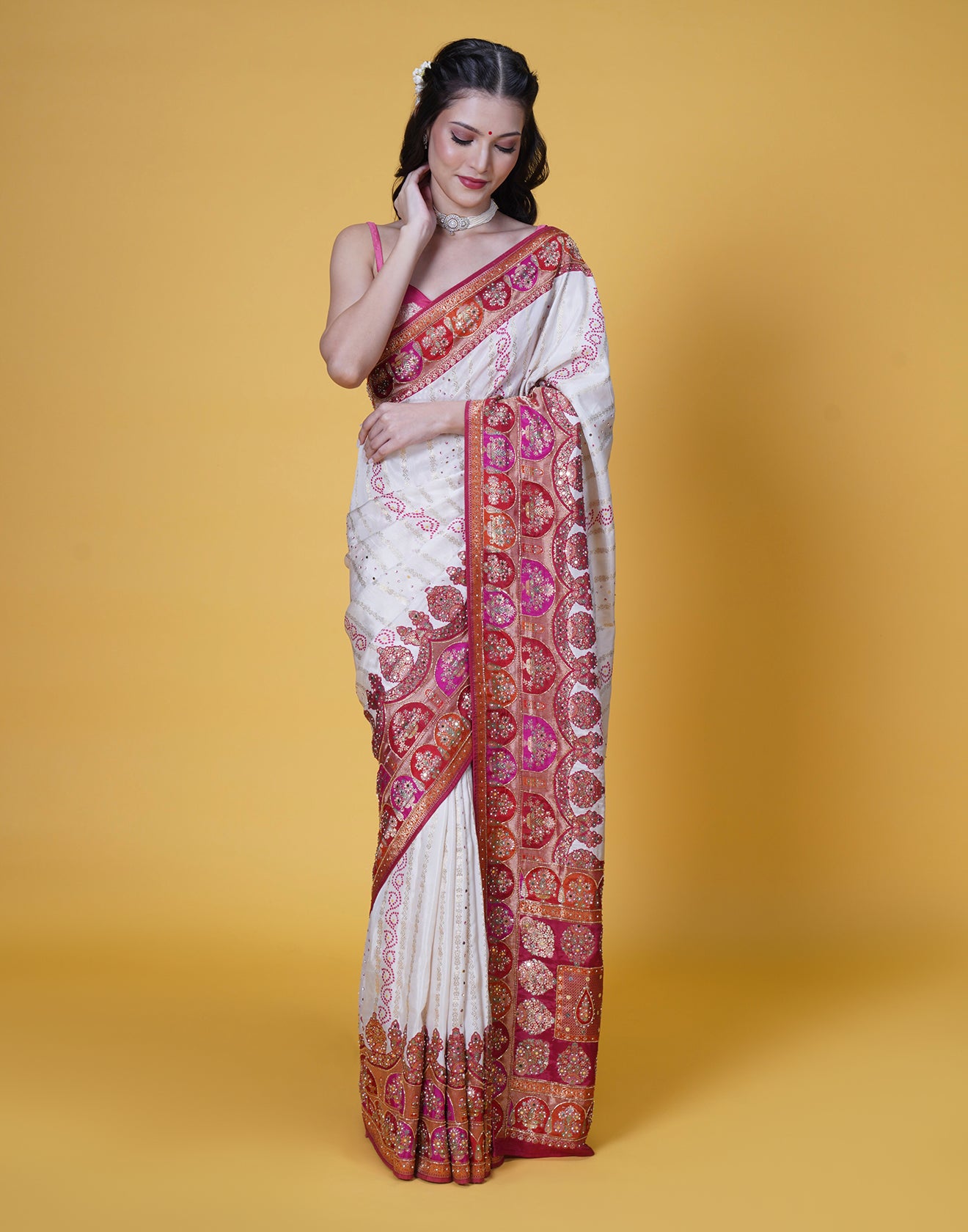 Pearl White With Contrast Red And Pink Bandhej Embellished Silk Saree