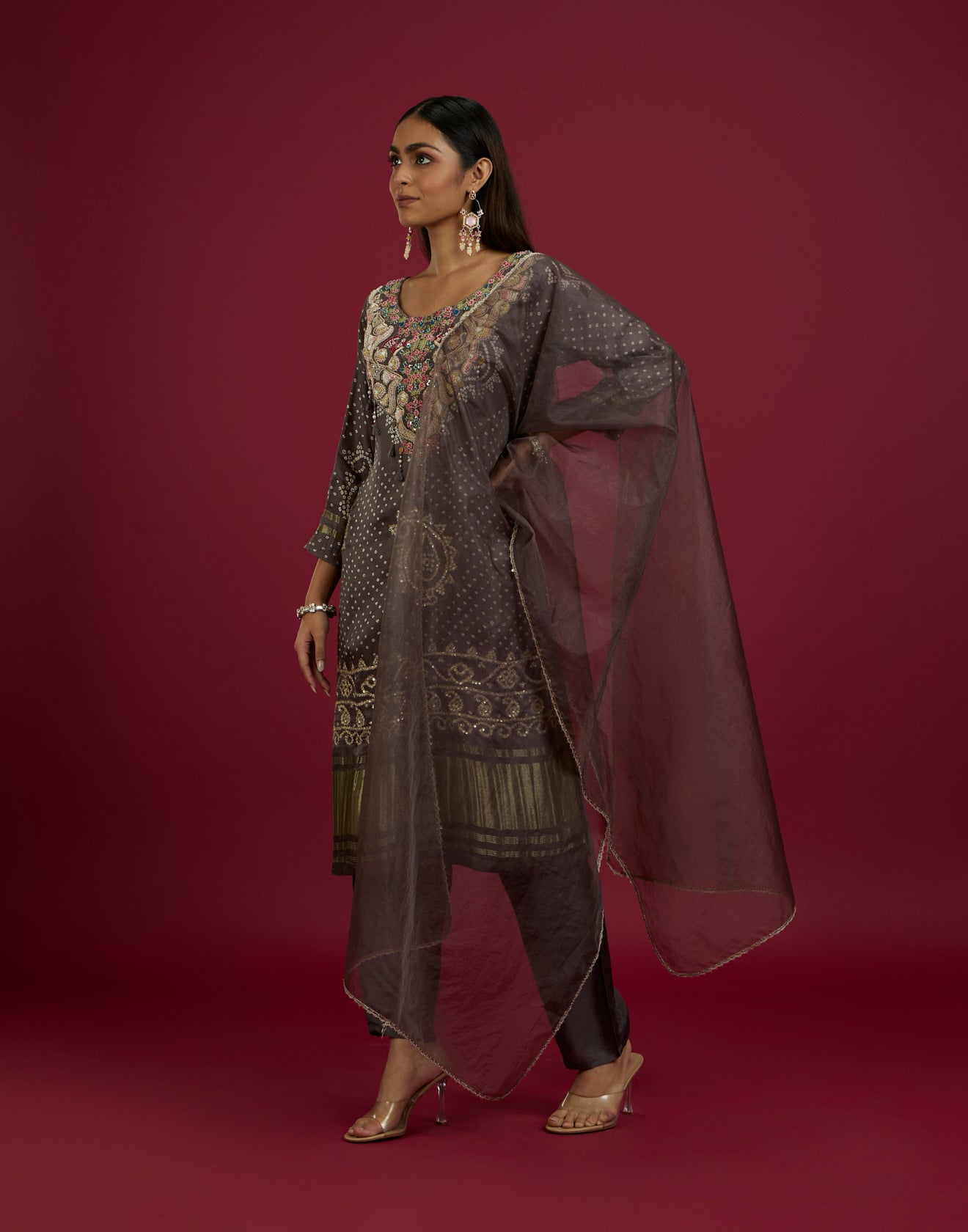 Pebble Grey Bandhani Printed Satin Silk Kurta Set