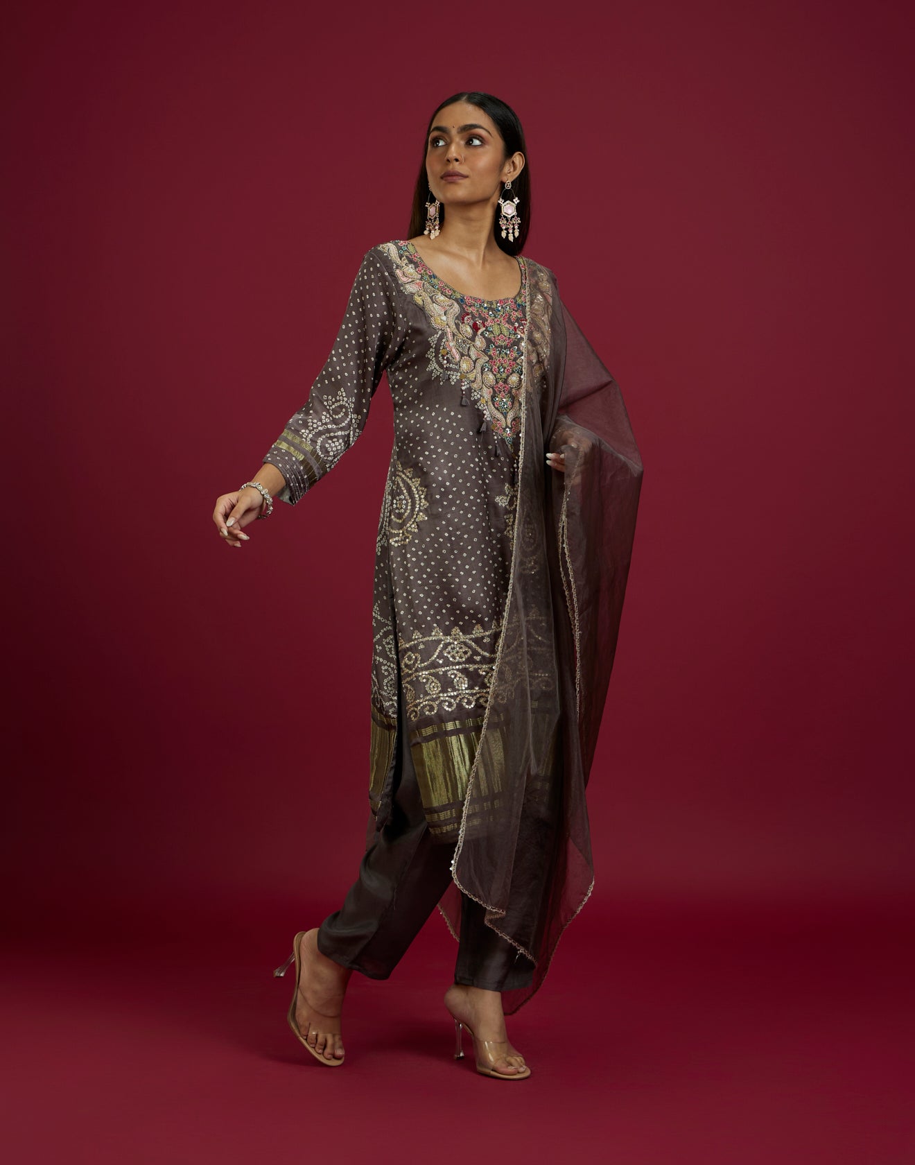 Pebble Grey Bandhani Printed Satin Silk Kurta Set