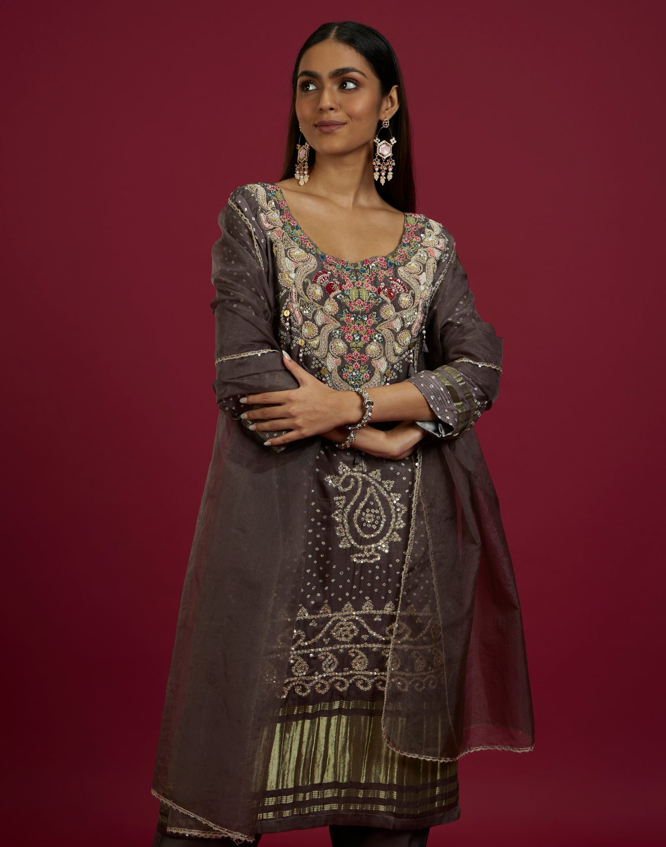 Pebble Grey Bandhani Printed Satin Silk Kurta Set