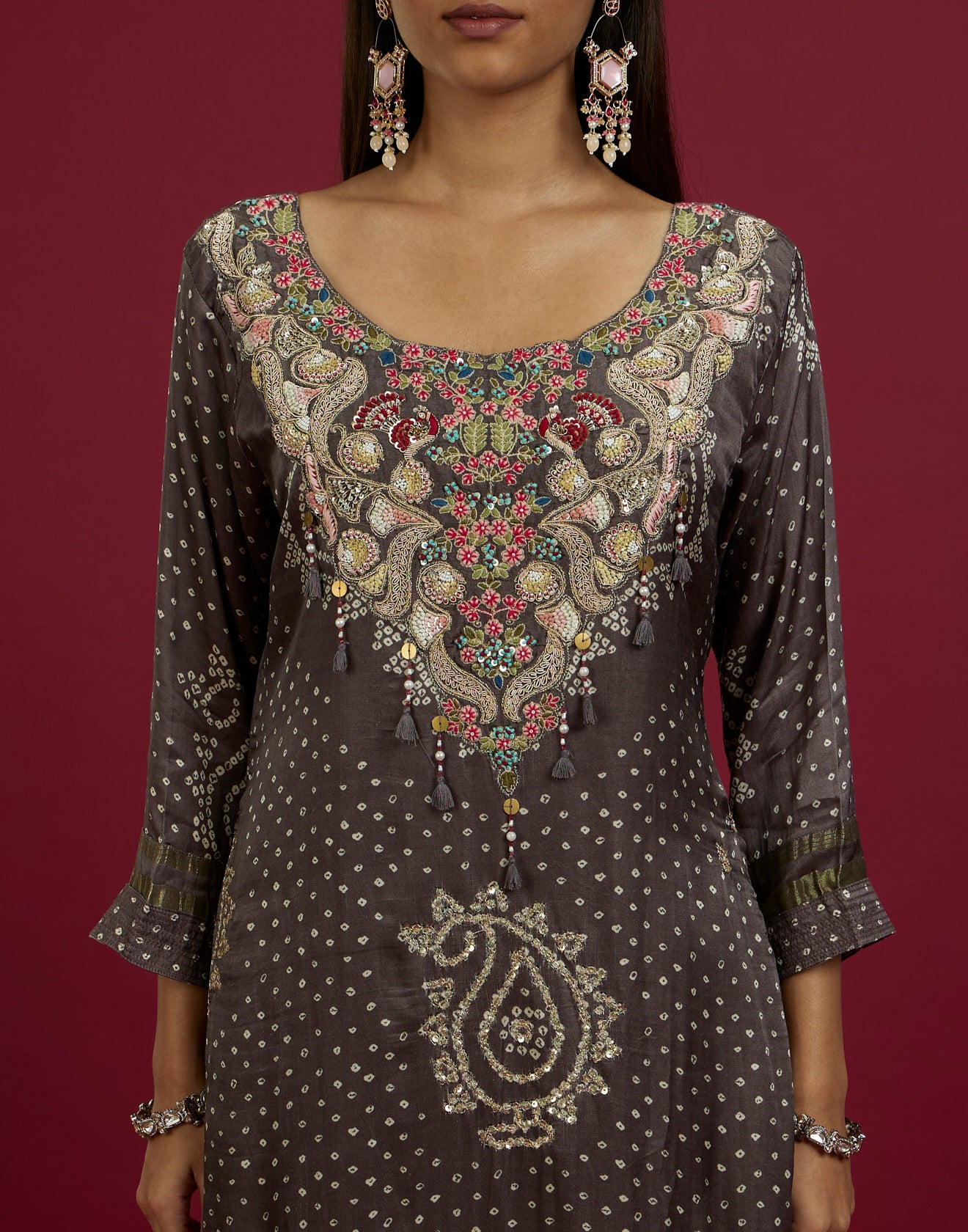 Pebble Grey Bandhani Printed Satin Silk Kurta Set