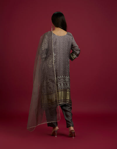 Pebble Grey Bandhani Printed Satin Silk Kurta Set