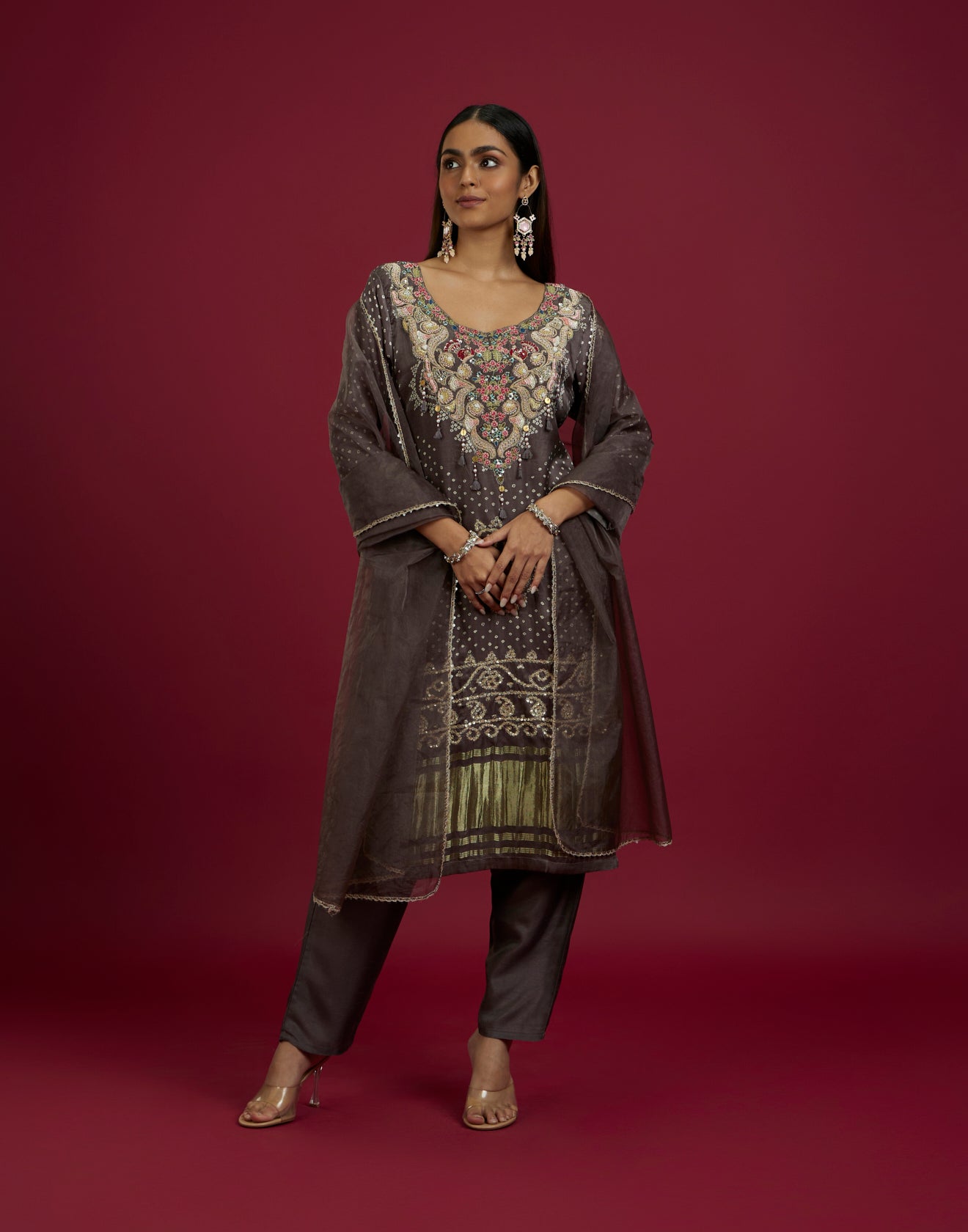 Pebble Grey Bandhani Printed Satin Silk Kurta Set