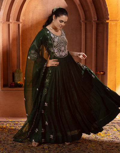 Phthalo Green Festive Embroidered Anarkali Set