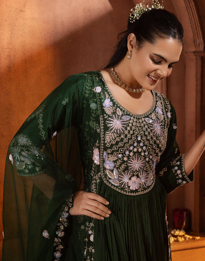 Phthalo Green Festive Embroidered Anarkali Set