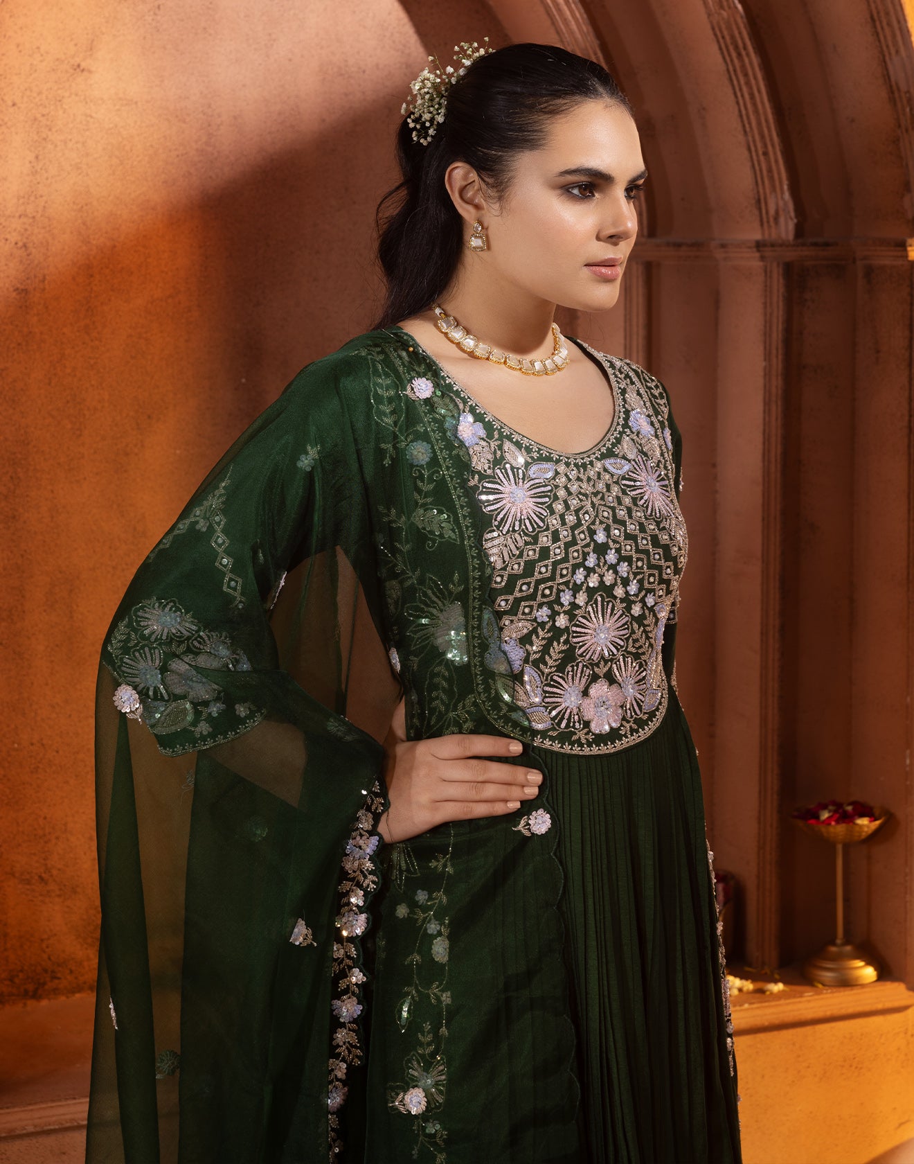 Phthalo Green Festive Embroidered Anarkali Set