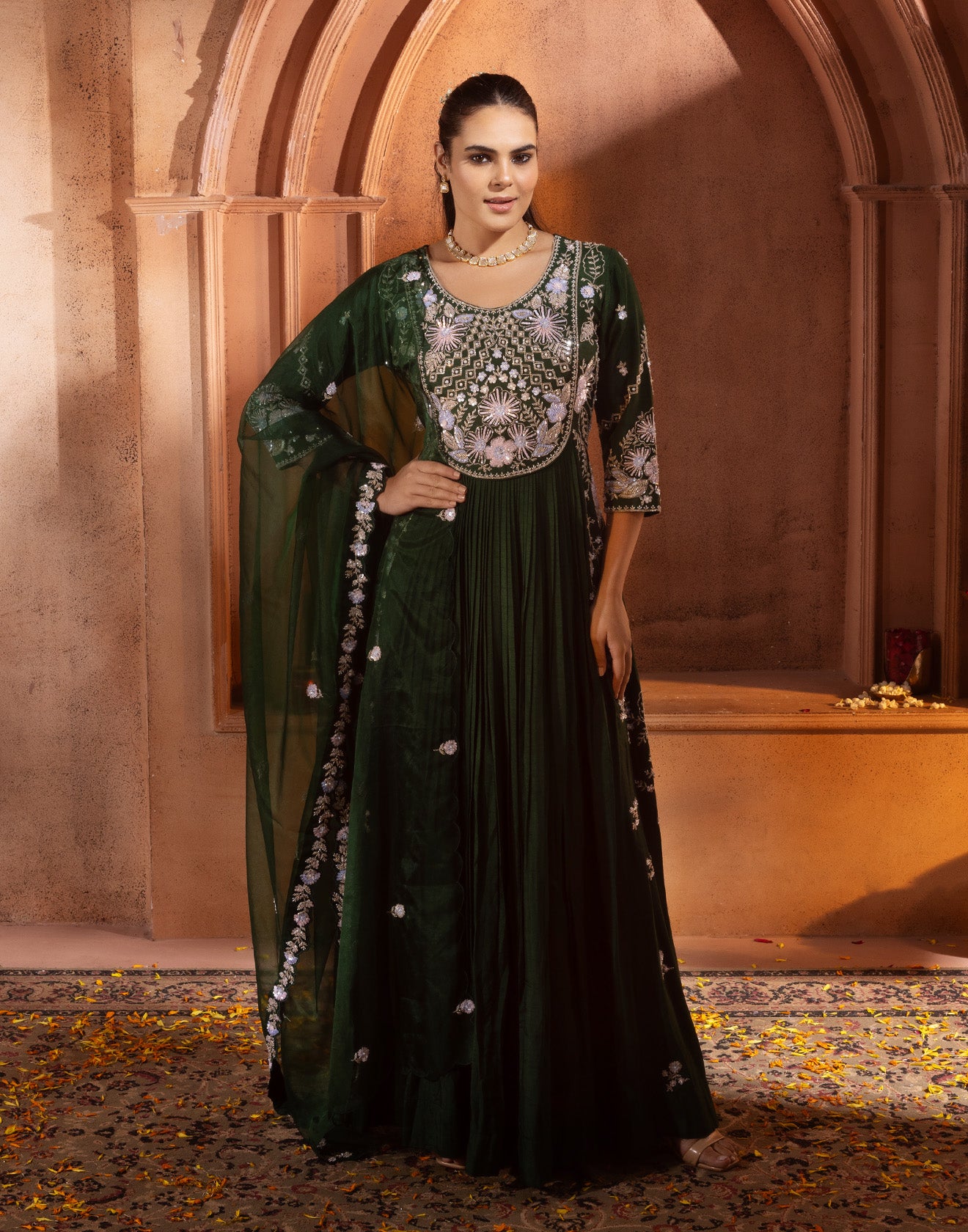 Phthalo Green Festive Embroidered Anarkali Set