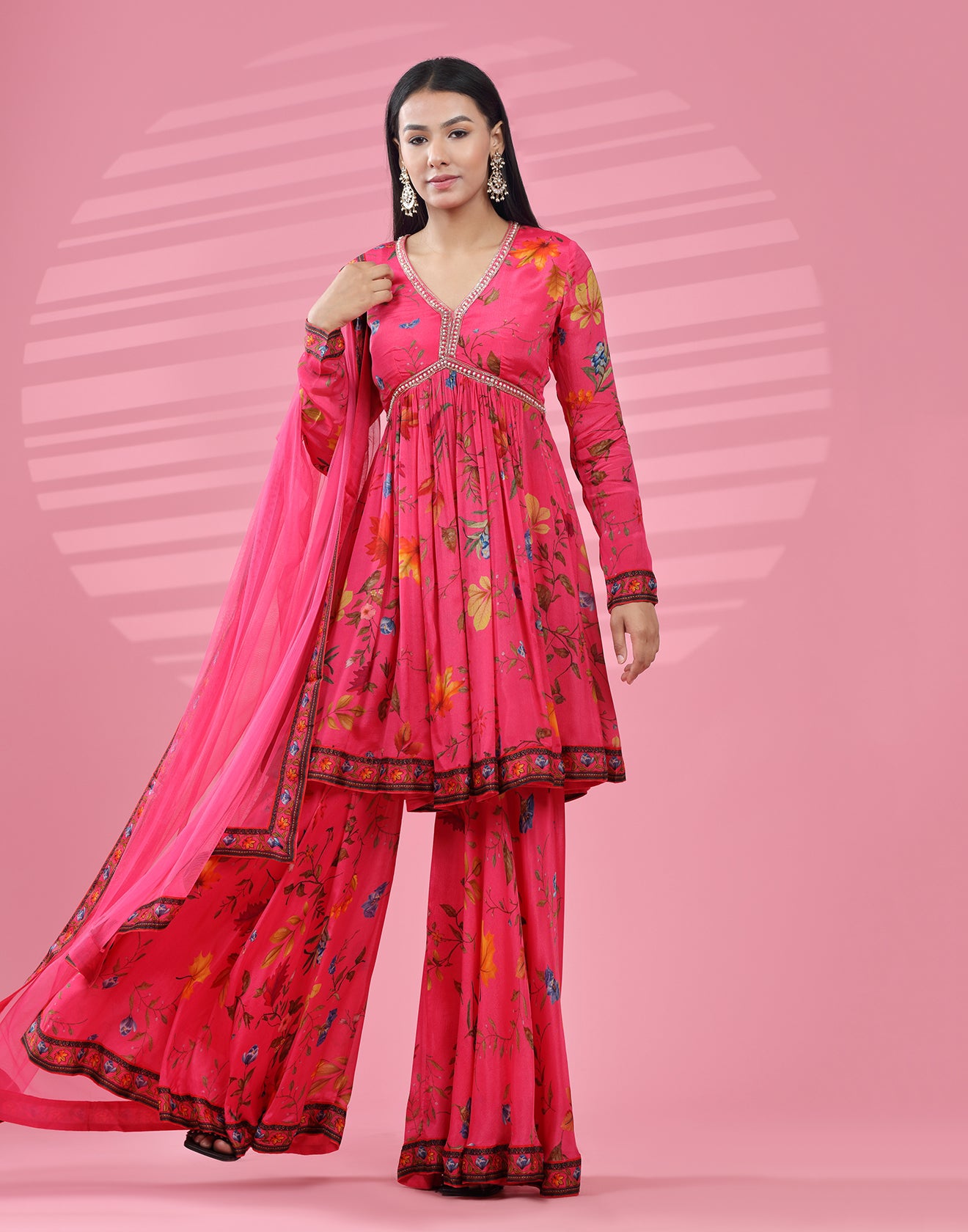 Pink Floral Print Anarkali Peplum Gharara Set