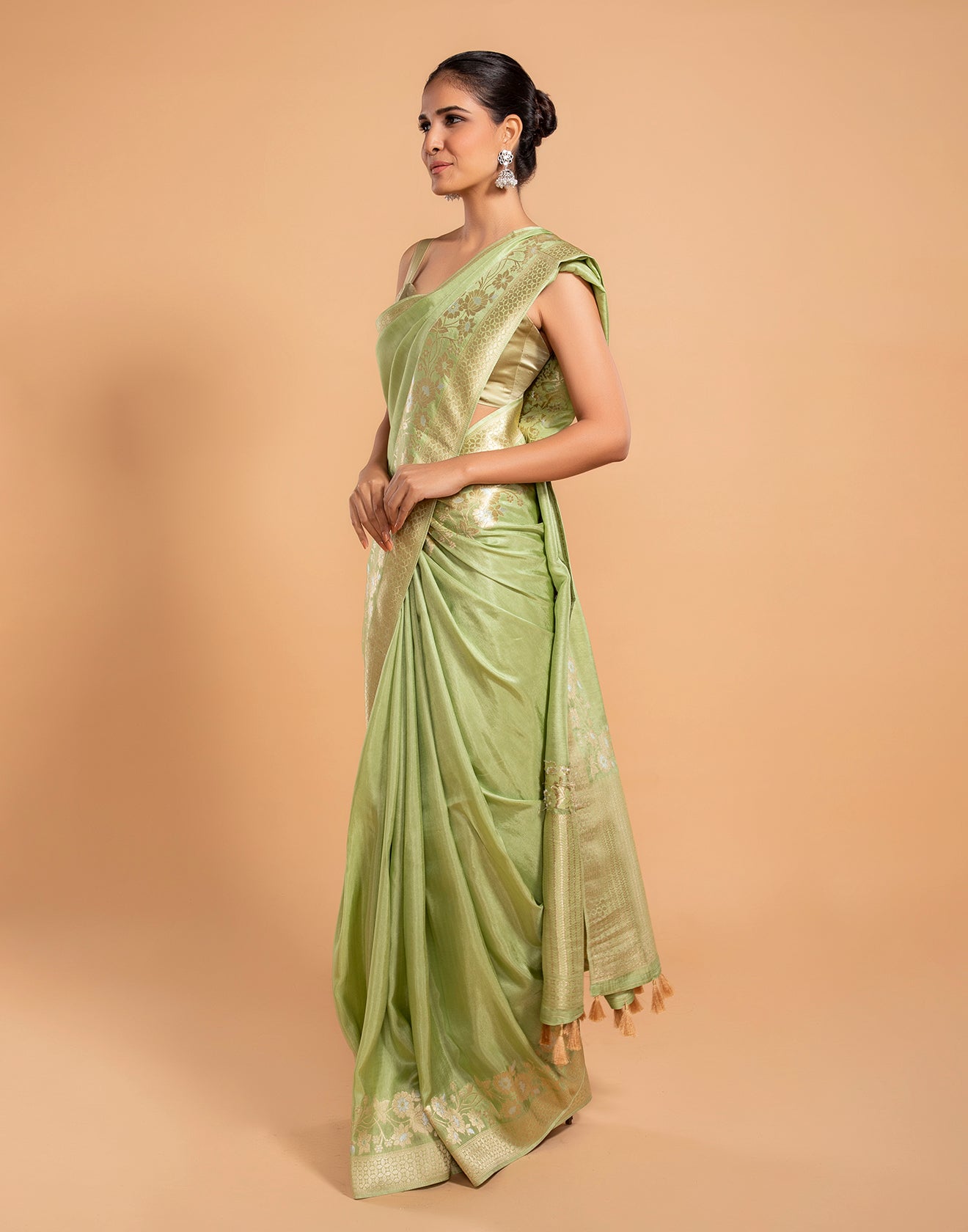Pista Green Saree In Dola Silk And Floral Weave