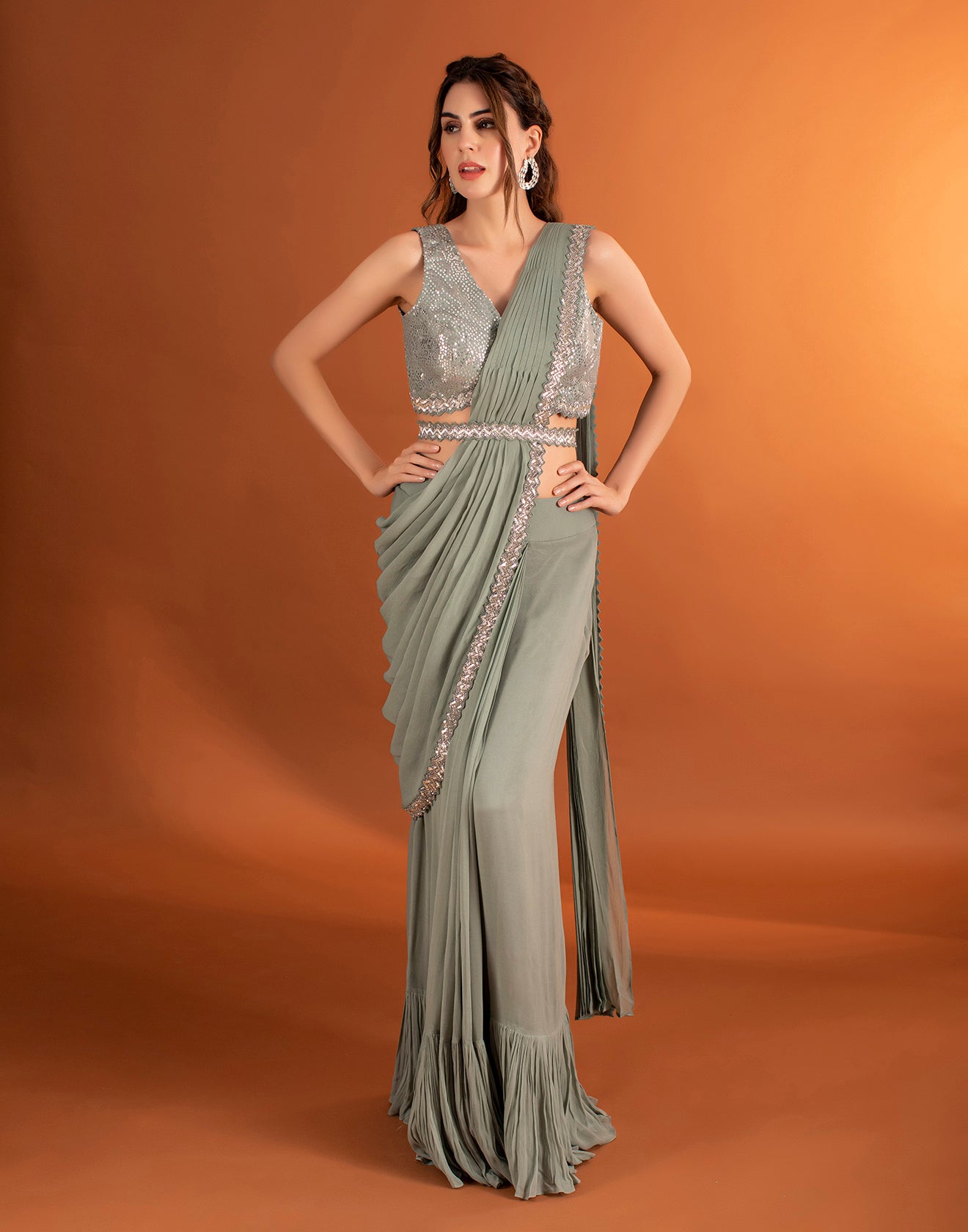 Pistachio Green Pre Stitched Cape Saree