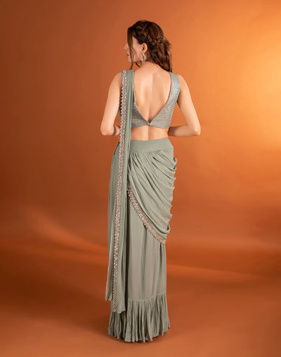Pistachio Green Pre Stitched Cape Saree