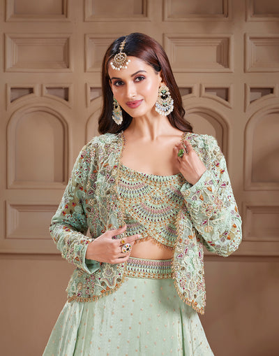 Pistachio Green Scallop Embroidered Lehenga Set With Jacket