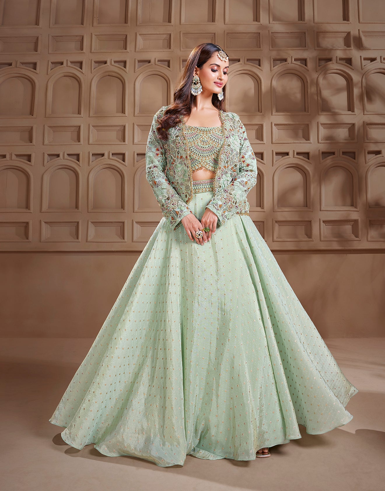 Pistachio Green Scallop Embroidered Lehenga Set With Jacket