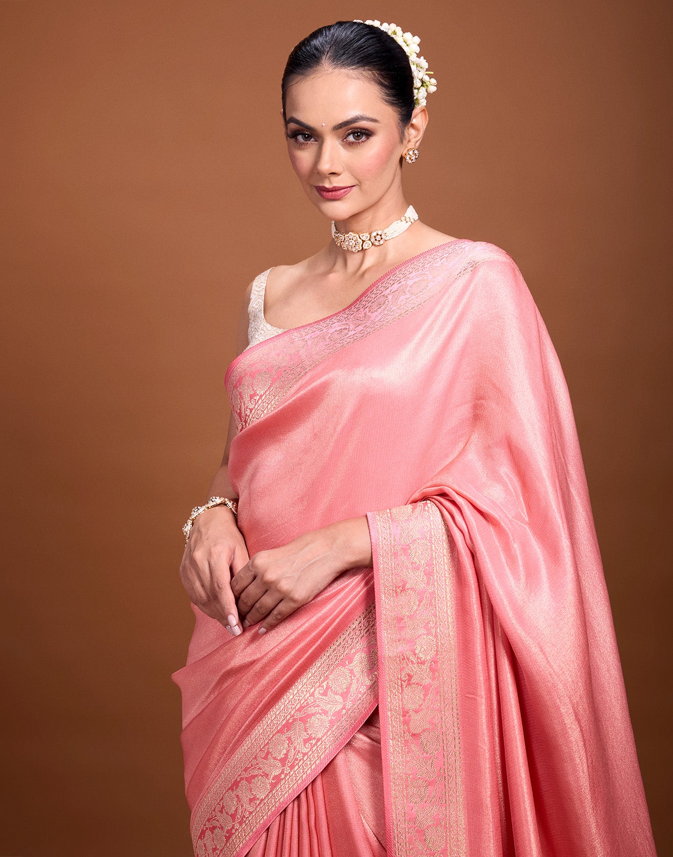 Plain Peach Floral Border Silk Saree