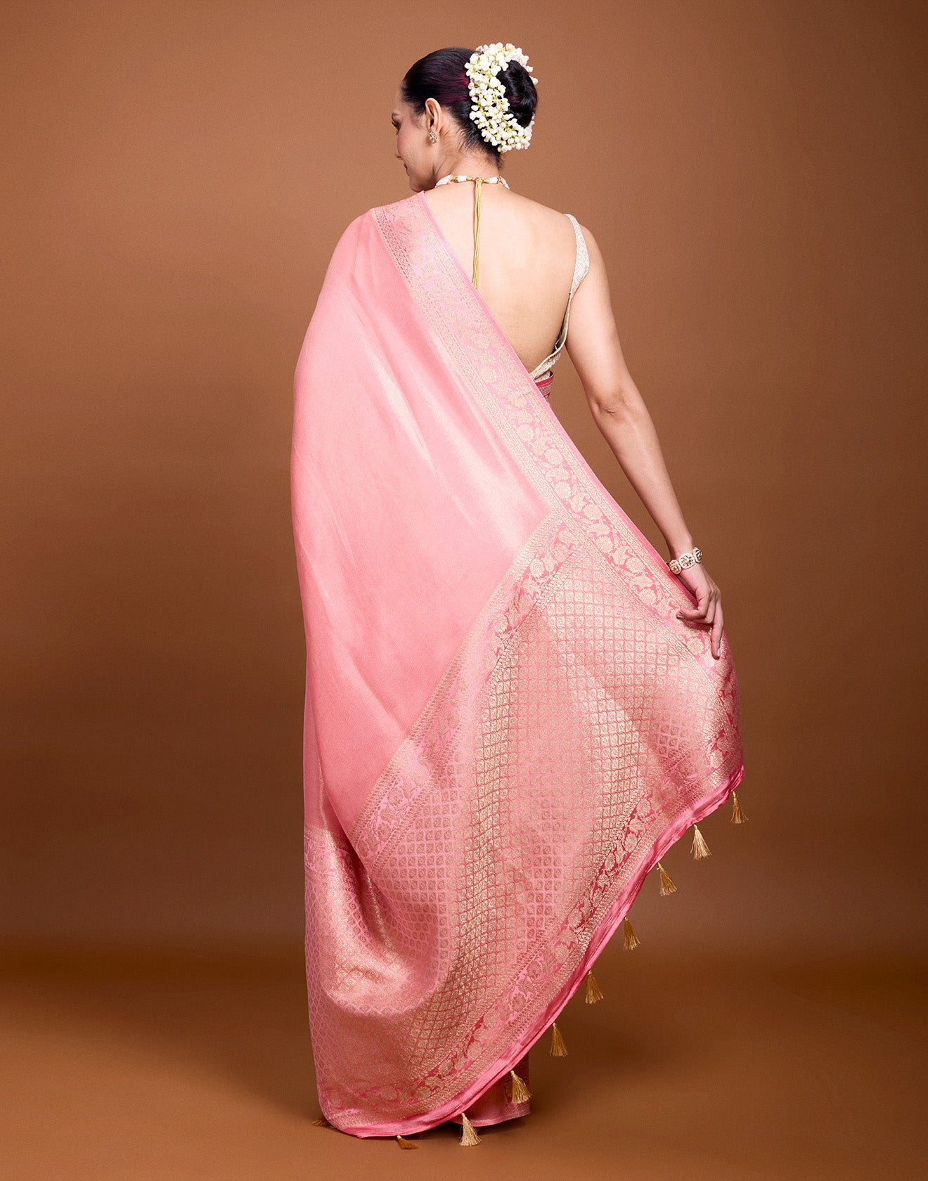 Plain Peach Floral Border Silk Saree