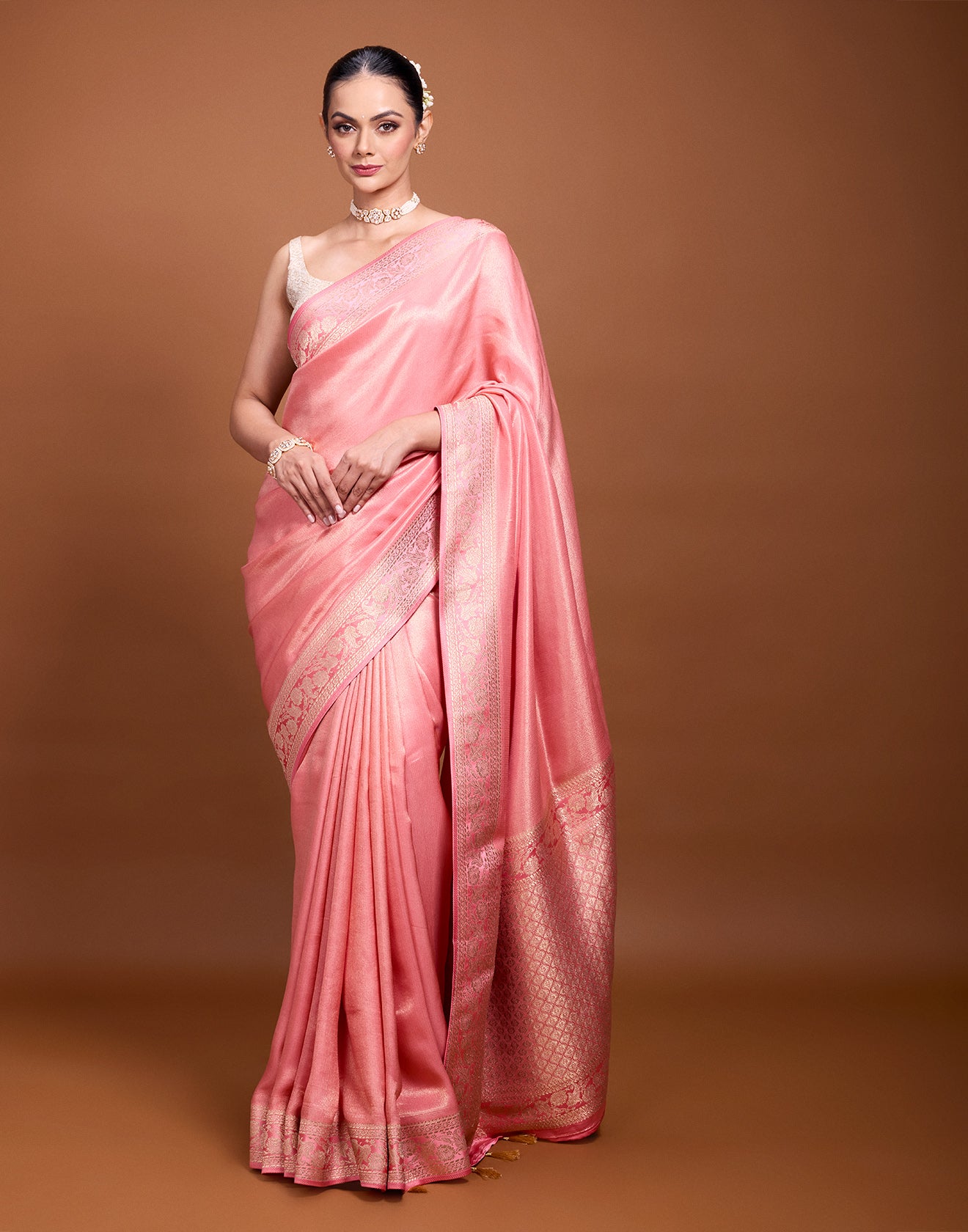 Plain Peach Floral Border Silk Saree