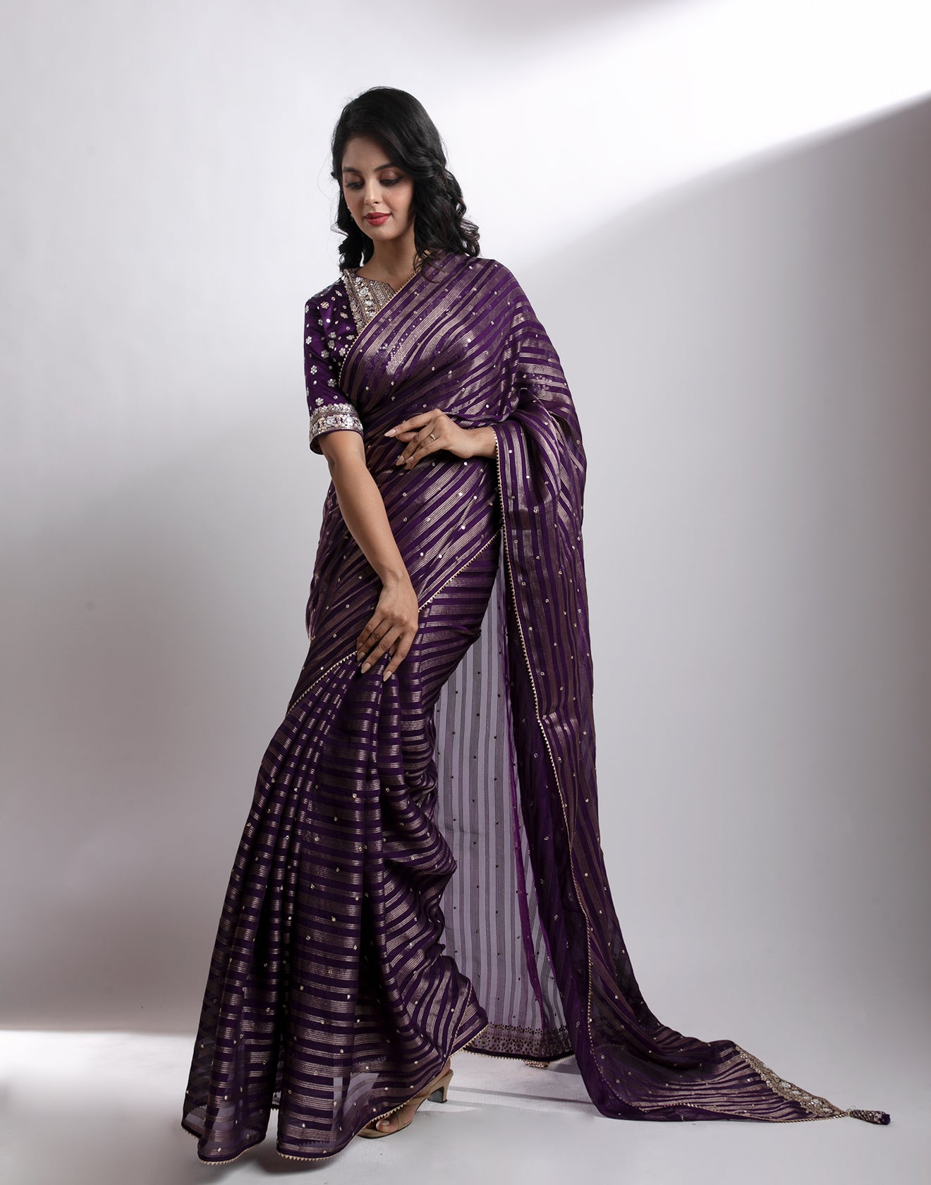 Pop-Of-Purple Chiffon Saree With Stitched Blouse