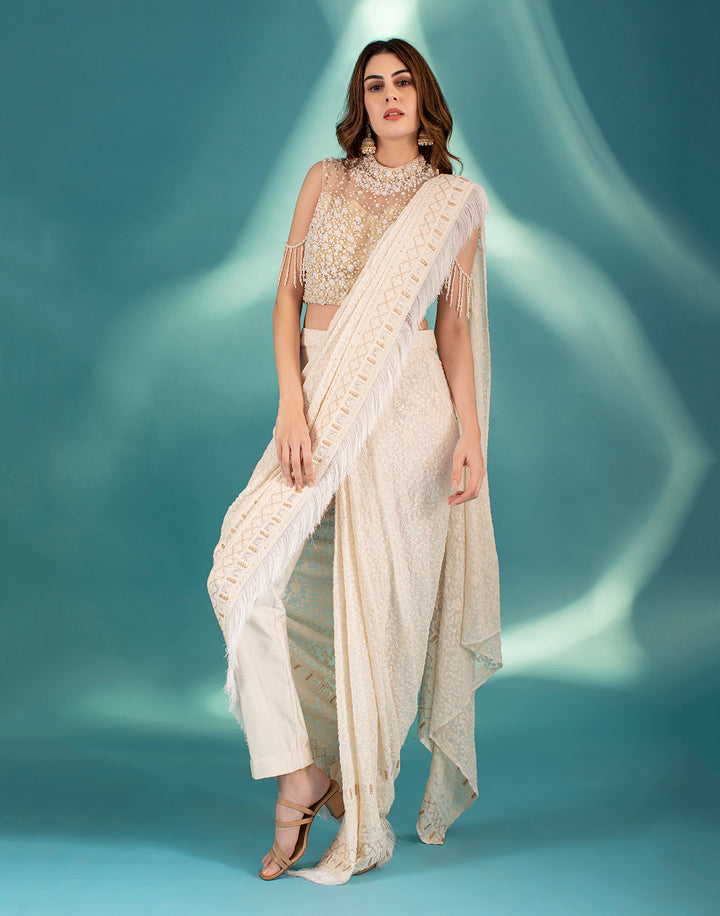 Powder White Lucknowi Pre-stitched Saree - Main Image