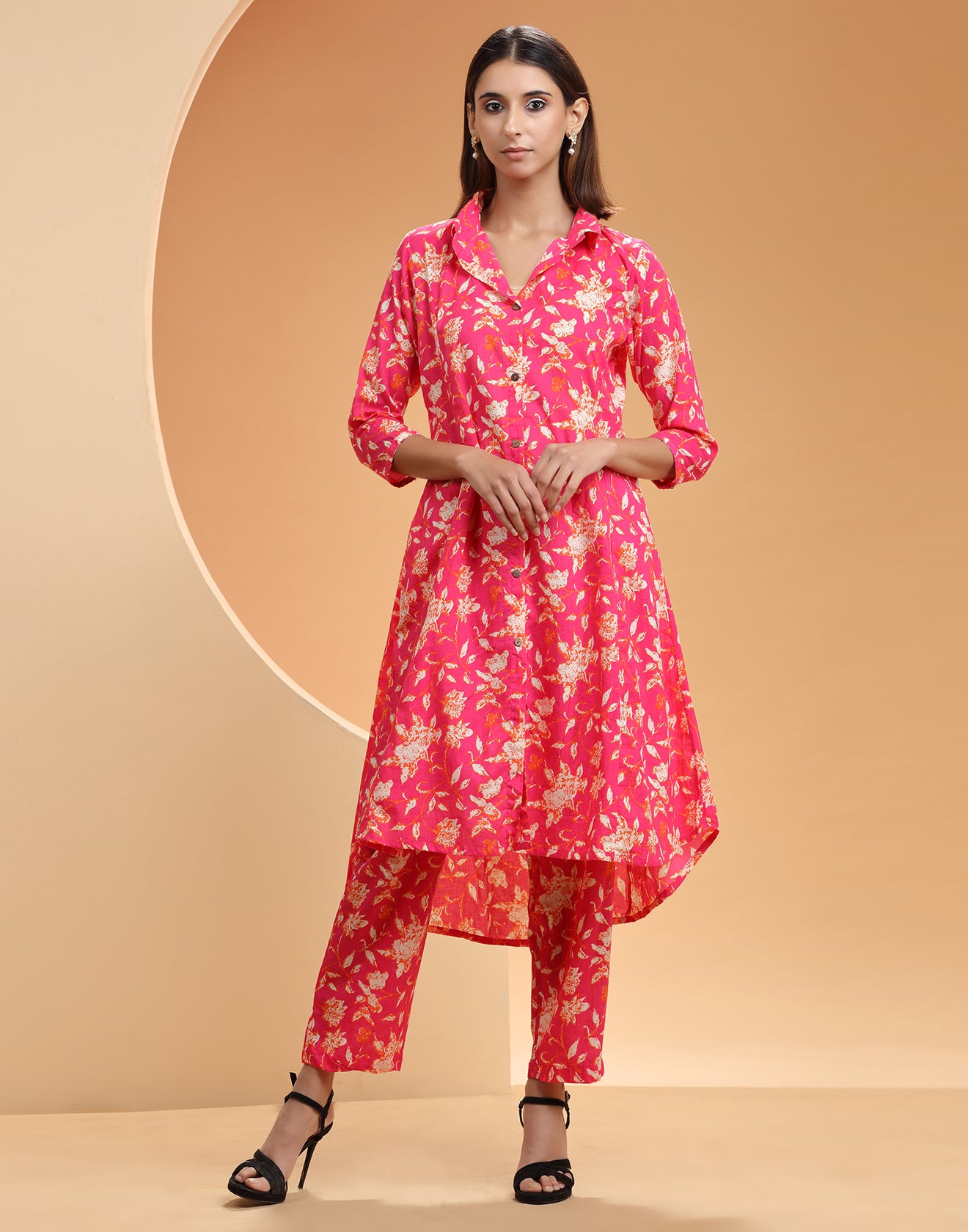 Punch Pink Floral Printed Kurta Set