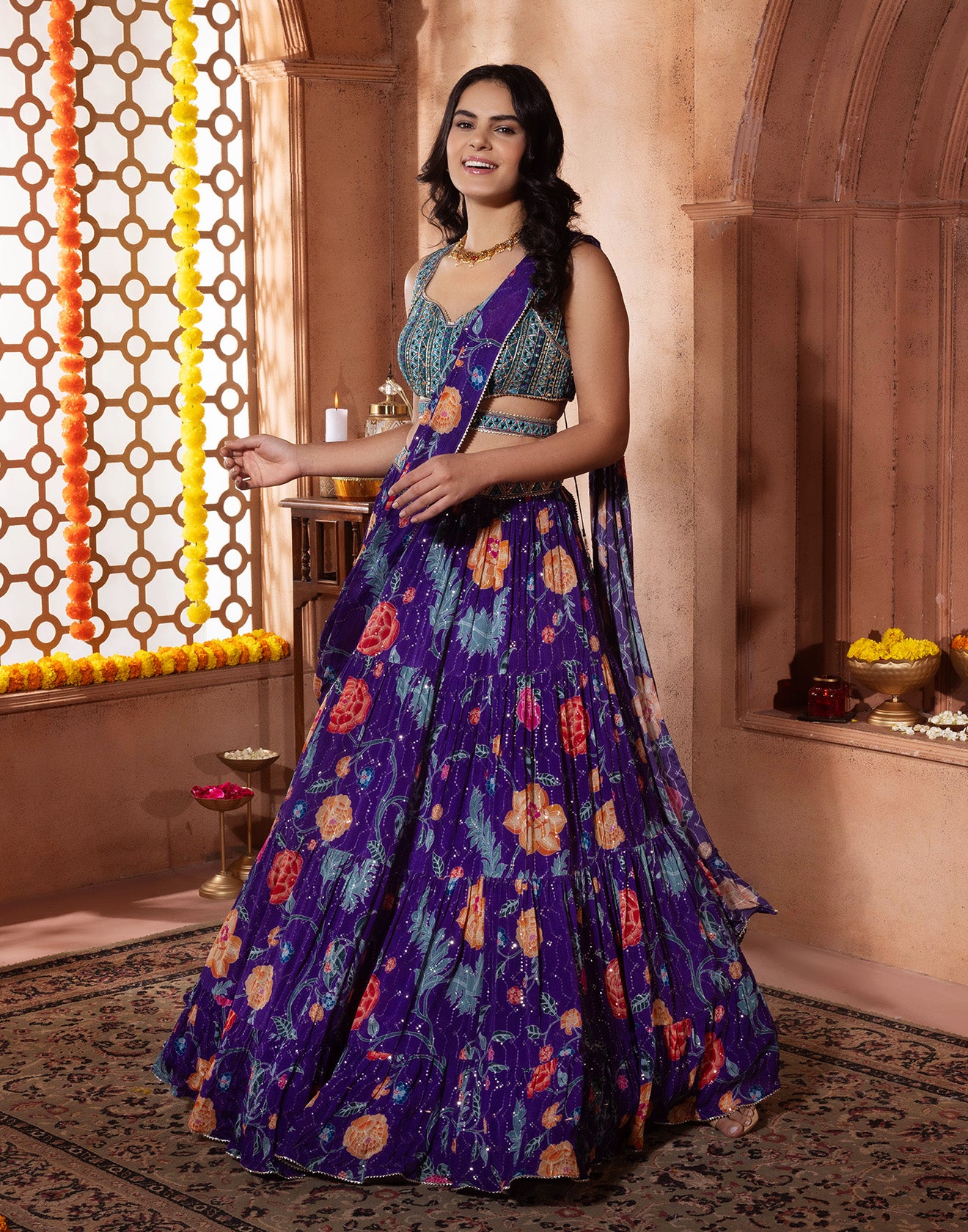 Purple Diva Vibrant Floral Printed Indi-Cocktail Lehenga Set