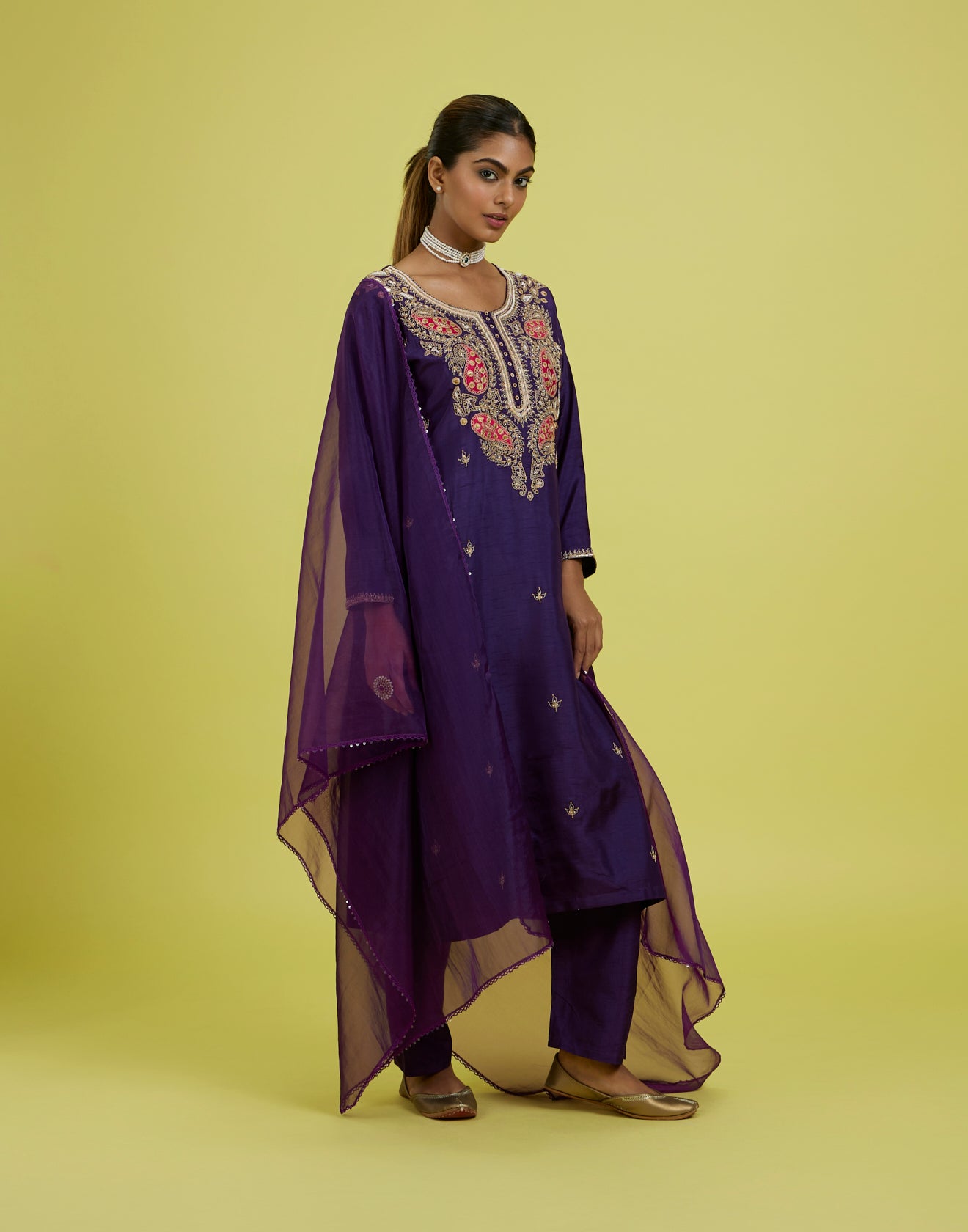 Purple Flame Embroidered Festive Kurta Set