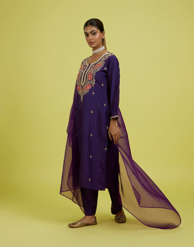 Purple Flame Embroidered Festive Kurta Set